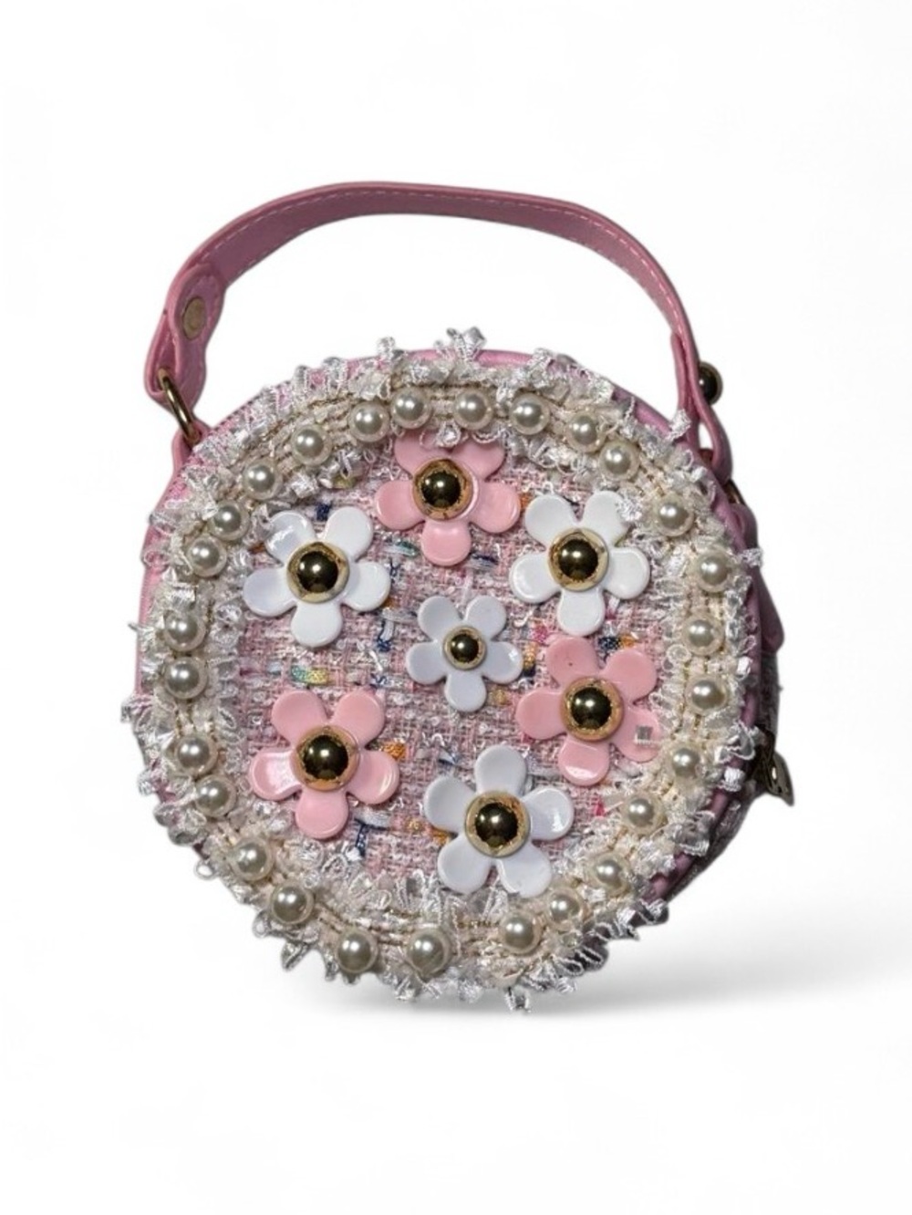 Pink Tweed Mini Crossbody Bag Pearl Flower Round Purse Girls Gold Chain Coquette
